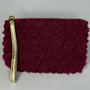 Neiman Marcus Rose Embroidered Wristlet (Wine Red Color)
